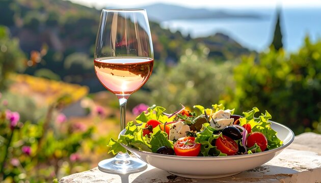 A glass of pink wine and salad with a scenic background
