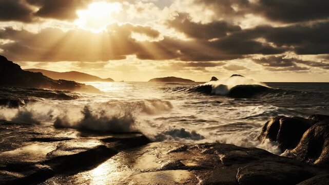 Ocean wave crashing on rocks.