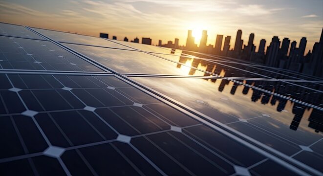 Solar panel array with city skyline at sunset sustainable energy future