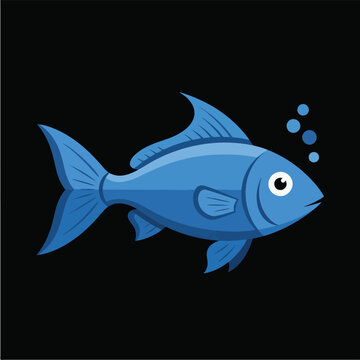 Blue Fish Pixel Art With Bubbles On Black Background Minimal Illustration