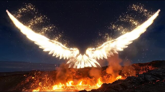 Celestial guardian stands amidst the inferno concept. Fiery phoenix rising from volcanic eruption under starry night sky with glowing wings and sparks