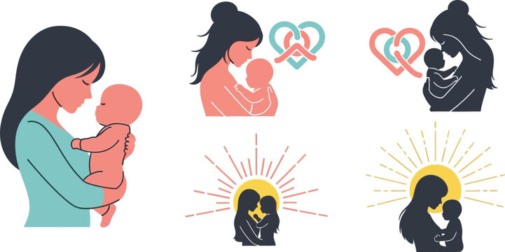 Motherhood icons illustrate the tender bond between a parent and child through various stylized silhouettes.