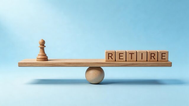 Wooden balance scale with chess piece and retire blocks on blue background symbolizing financial planning retirement strategy worklife balance decision making and future security