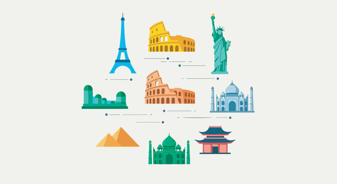 Flat design illustration of famous world landmarks and travel destinations arranged in a circular infographic style.