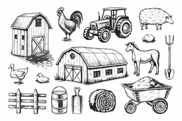 Obraz premium A collection of hand drawn farm elements including animals buildings and tools