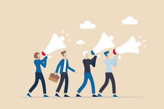 Four people walk while shouting into large white megaphones