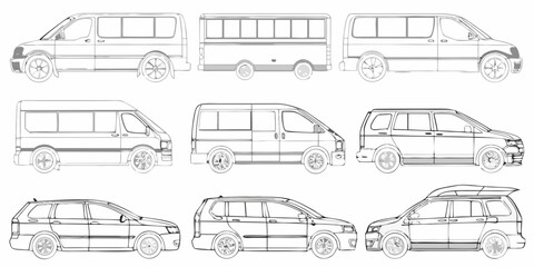 Line art illustrations of various vans and microbuses in side view © Anik