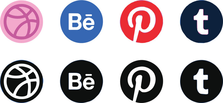 icons dribbble behance pinterest tumblr color and grayscale vector set