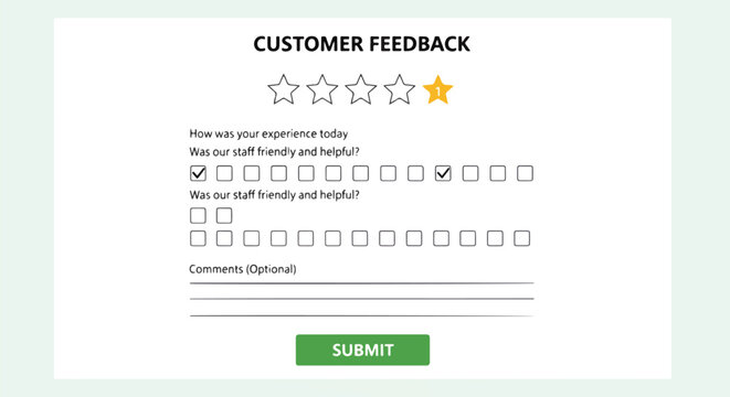 Customer Feedback Form Flat Design Vector With Stars And Submit Button