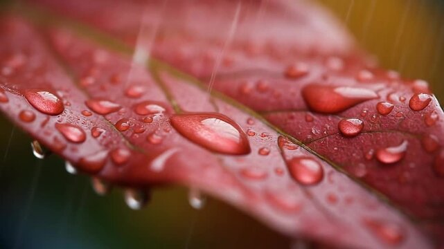 Macro shot of red leaf with water droplets after rain. 4k Footage Video
