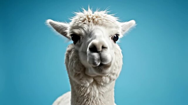 Close-up studio portrait of a fluffy white alpaca with a long neck looking directly into the camera lens against a solid vibrant blue background, showcasing soft fleece and facial features.