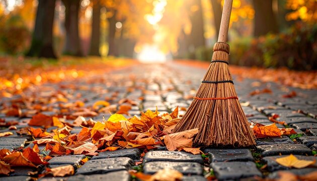 Broom, cobblestone, pathway, autumn, leaves, fallen, orange, yellow, brown, season, trees, trunks, branches, sparse, foliage, sunlight, filtering, warm, golden, glow, nature, outdoors, landscape, clea