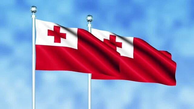 Tonga National Flag Waving on Flagpole, Seamless Loop, Realistic 3D Animation
