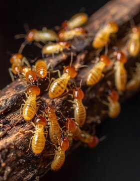 Close-up of numerous small insects clustered on a wood branch