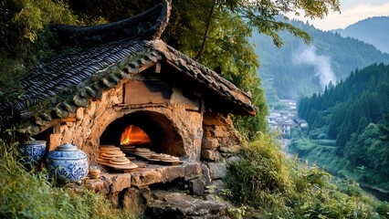 Rustic traditional oven in a serene countryside setting, showcasing cultural heritage and natural beauty.