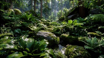 Lush forest scene with sunlight filtering through dense foliage, creating a serene and tranquil atmosphere.