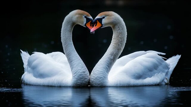 Two swans forming heart shape on water romantic love symbol elegant nature scene peaceful reflection