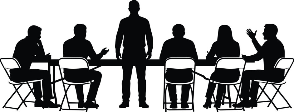 Business meeting silhouette set, professional team discussion at long table, leader standing and people sitting, office work groups isolated on white background, professional illustration.