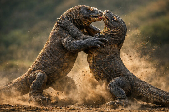 Two Komodo Dragons Sparring, High Energy Action