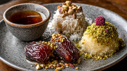 Fototapeta premium Traditional Rice Dish with Dates and Nuts: Authentic Middle Eastern Cuisine