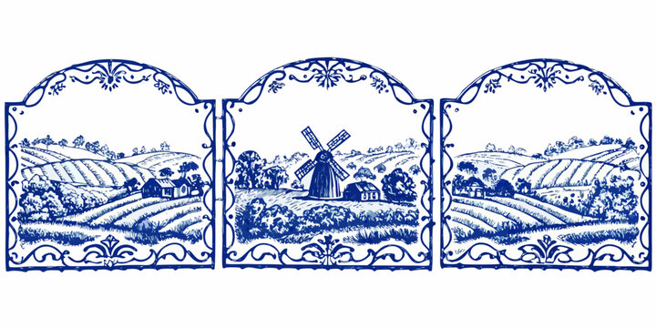 Blue and white dutch landscape triptych with windmill and rural scenes
