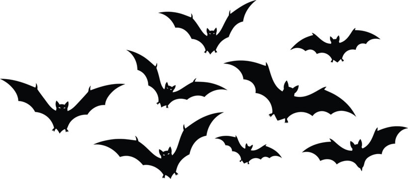 Bats flying in a group create a dynamic pattern suitable for festive seasonal or gothic theme design projects.