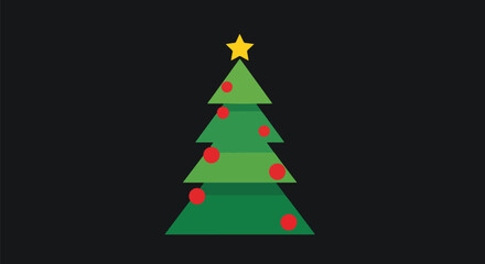 Fototapeta premium Flat Design Green Christmas Tree With Red Baubles Star Black Background