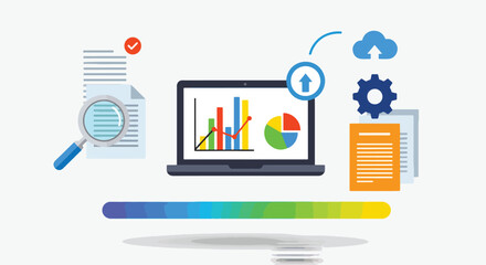 Obraz premium Flat Design Laptop Showing Data Analytics Charts With Cloud And Gear