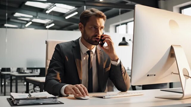 Businessman working on computer while talking.