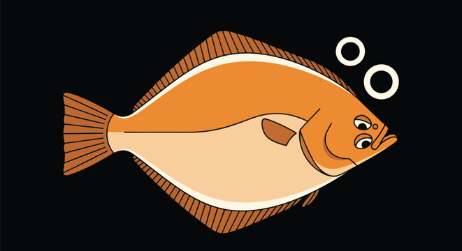 Flat Design Orange Flounder Fish With Bubbles On Black Background