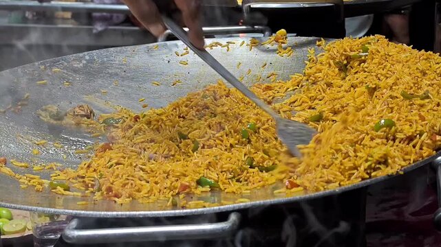 Street vendor stirring spicy tawa pulav fried rice with vegetables on a large flat pan
