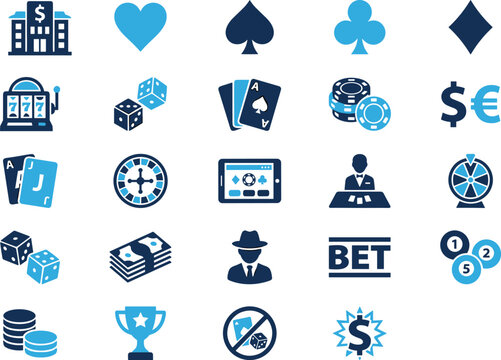 Casino icon set, gambling symbols, betting tools, poker chips, slot machine, roulette wheel, card suits, prize graphic, gaming concept