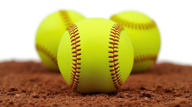 Brightly colored softball resting on a dirt surface isolated on white background