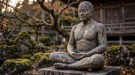 Obraz premium A serene stone statue of a meditating figure with gold cracks, set in a tranquil Japanese garden during autumn.