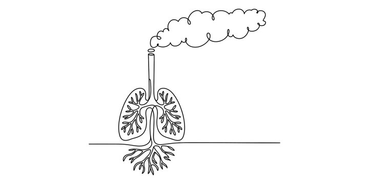 A conceptual continuous line drawing depicting human lungs functioning like a polluted chimney stack Vector, illustration
