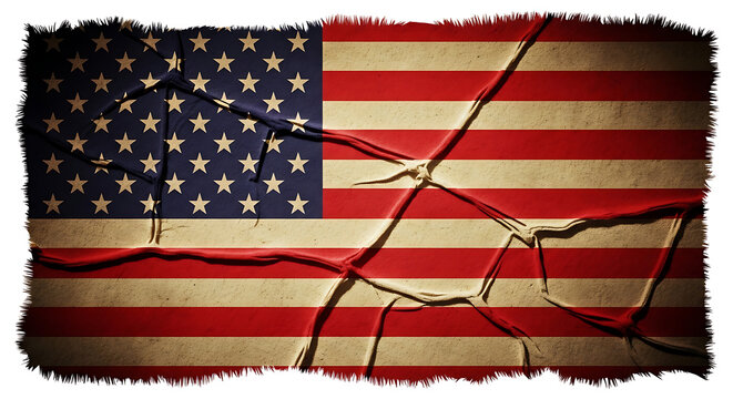 Torn American flag with distressed texture and frayed edges on dark background