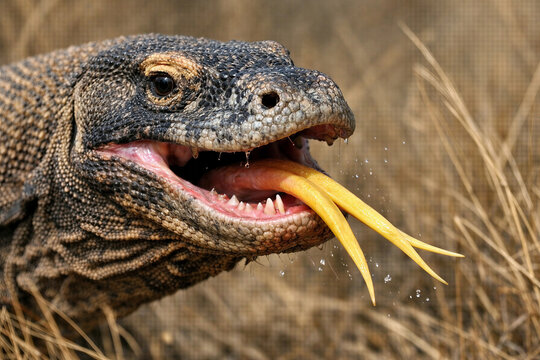 Komodo Dragon Flicking Forked Tongue, Sensing Air