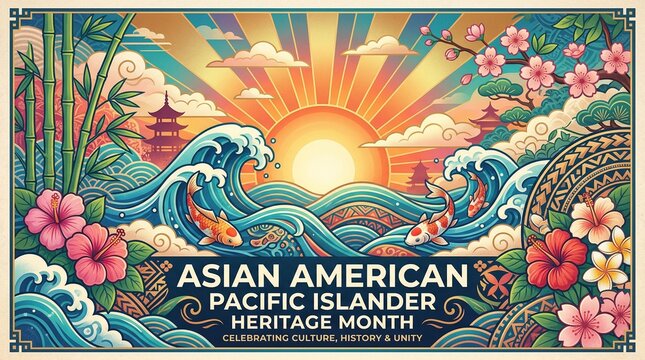 Scenic Illustration for Asian American and Pacific Islander Heritage Month, Featuring Traditional Asian Landscape Elements and Cultural Patterns