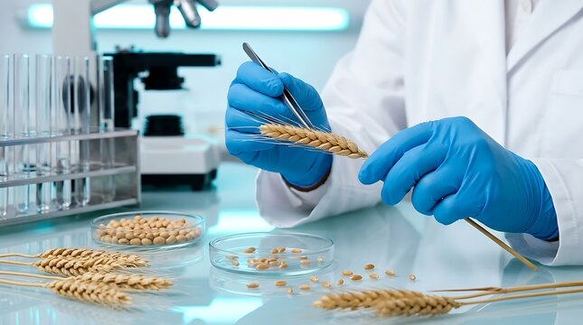Buyer can use for agriculture research, biotechnology, GMO crop study, food science and laboratory innovation concept with scientist analyzing wheat in lab