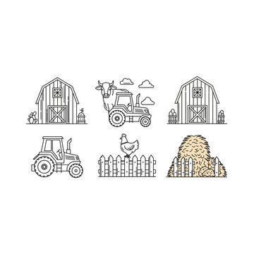 Farm scene icons with barns tractors hay bale illustration agriculture