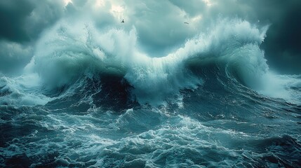 Naklejka premium Powerful Teal Ocean Wave Cresting Under Stormy Sky with Soaring Birds