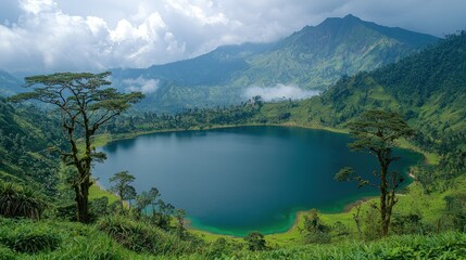 Obraz premium Serene Crater Lake Landscape: Lush Greenery, Majestic Mountains, Cloudy Sky.