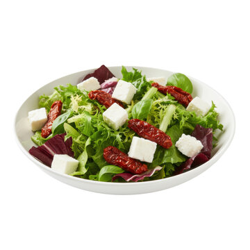 A gourmet mixed green salad with crisp Fris&eacute;e, Romaine, Lollo Rossa, feta cheese, sun-dried tomatoes, and basil in a white bowl, pristine studio scene, premium culinary quality