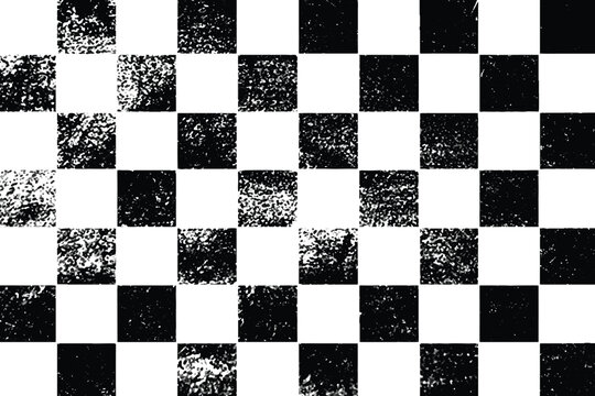 Distressed checkered pattern background, black and white grunge checkerboard texture, vintage racing flag aesthetic.