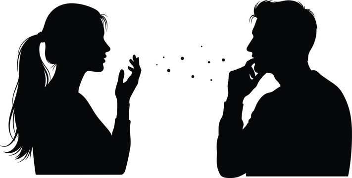 Silhouette illustration of two people communicating, dialogue exchange, interpersonal conversation, teamwork discussion, communication concept, business meeting, thoughtful listening, idea sharing