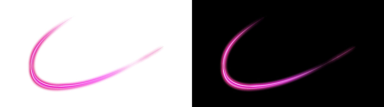Abstract pink glowing light trail with transparent background and black background