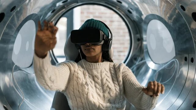 Medium shot of a homebuyer inside a sleek VR loan advisory booth immersed in exploring different mortgage repayment plans with the pods digital interface softly blurred.