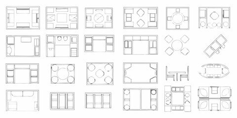 Obraz premium Collection of minimalist furniture arrangement floor plans in black lines