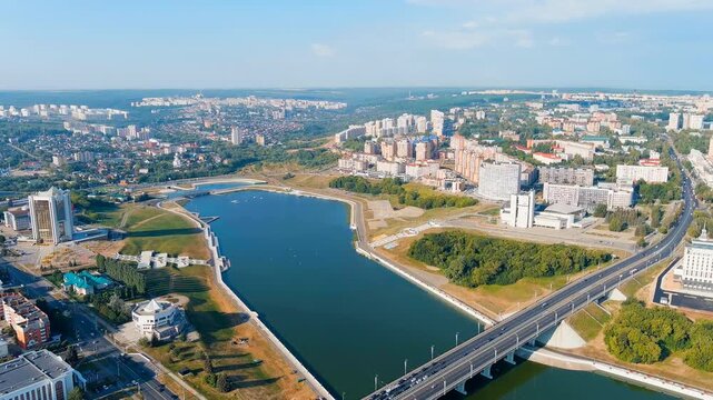 Cheboksary, Russia. Old town quarter. Cheboksary bay. Drone footage