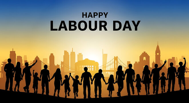 Happy Labour Day celebration with diverse workers silhouetted against city skyline at sunset